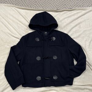 Zara Men's Dark Navy Hooded Duffle Coat-size L (Brand New without tag)